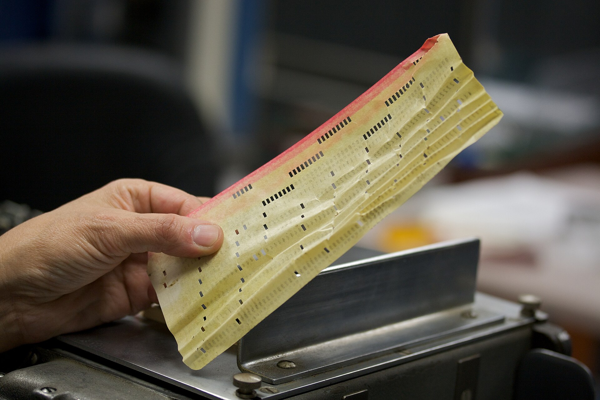 Punched card damaged by a card jam. Taken at the 
                Computer History Museum's IBM 1401 restoration project