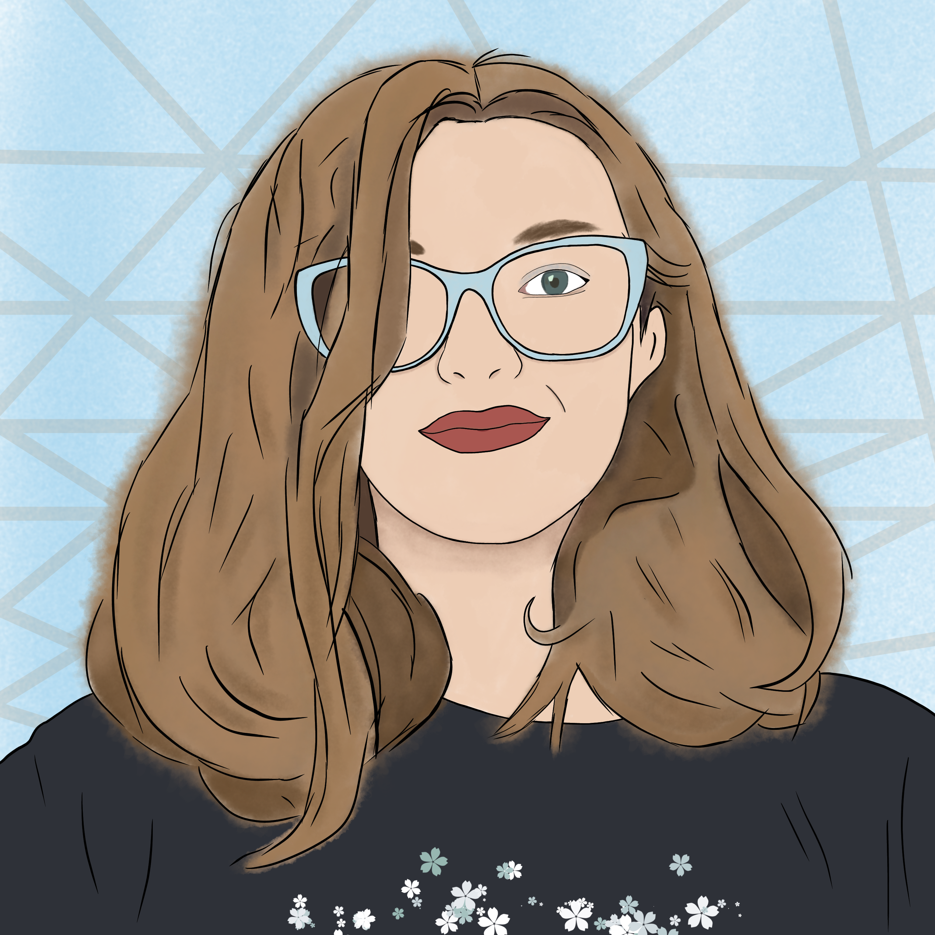 A sketch of myself. I have wavy brown hair, translucent blue glasses and am wearing a black shirt with flowers. Behind me is a large skylight with triangular cutouts.